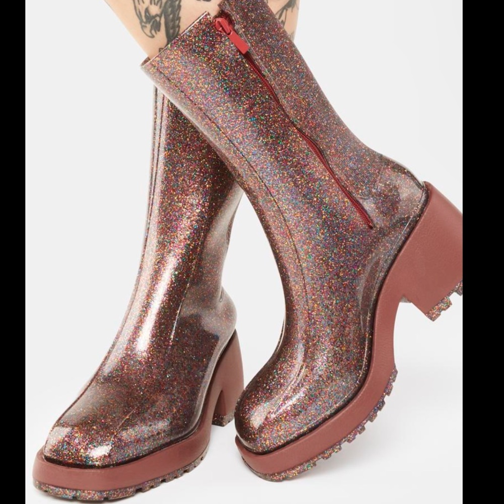 Melissa Nancy Boots Pink Glitter Chunky Rubber Rain Boots Y2K Rave Punk - Size 9 - Picture 5 of 13